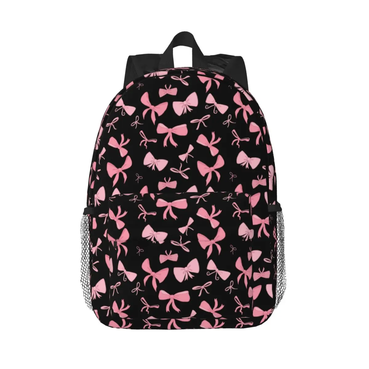 

Pretty Pink Ribbon Bows On Black Backpack Hot Sale Daypack Large Capacity Boys Girls BookBag Shoulder Bags Women Kids School Bag