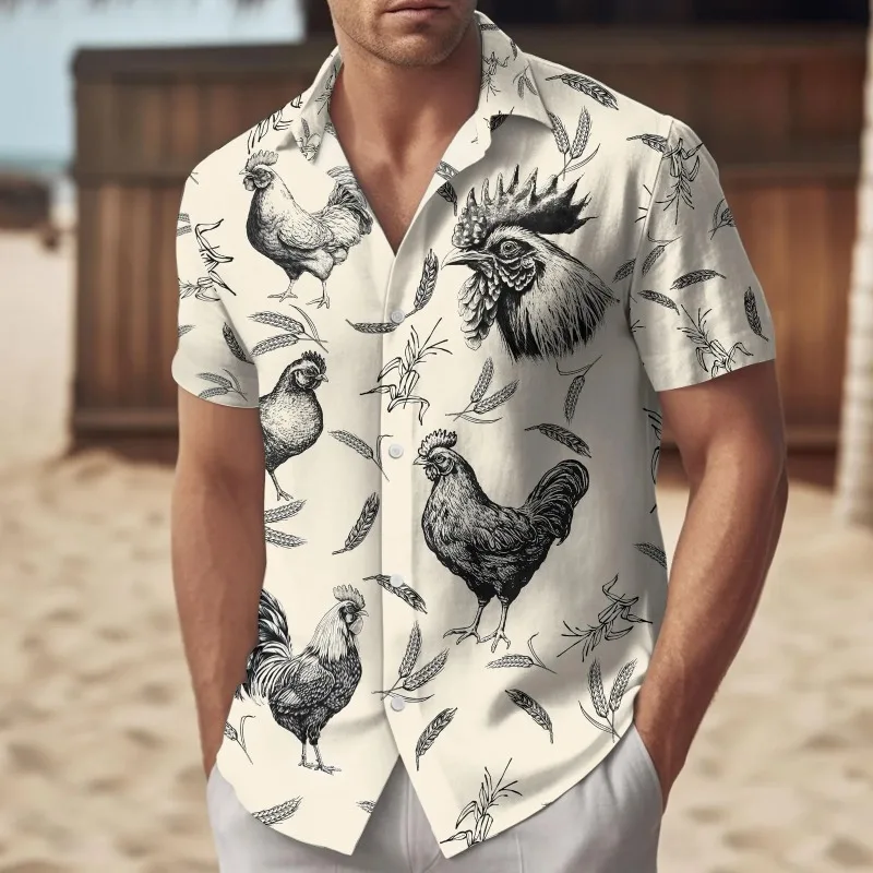 

3D Printed Funny Animal For Men Clothing Vacation Casual Tops Lapel 2026 Vintage Rooster Men's Shirts Hawaiian Shirt