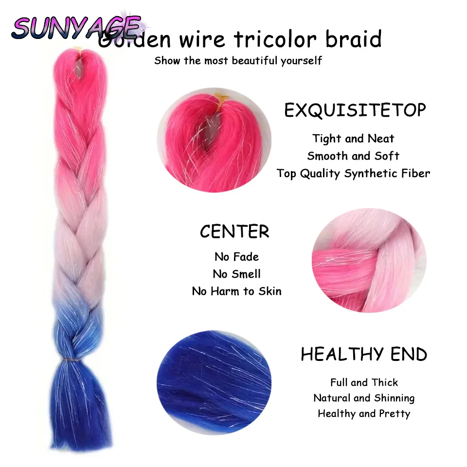 SUNYAGE Synthetic Braided Hair Extension Wig Big Braid Hair About 100g/Root Tricolor Gradient Braided Hair  DIY Multi colored