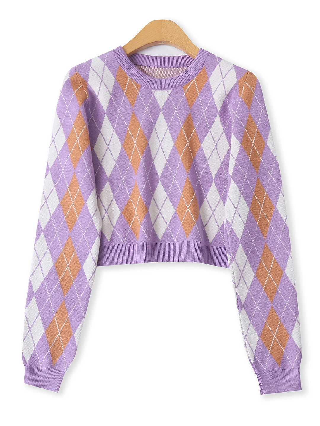Suéter de Punto con Bloques de Color y Patrón de Diamantes, Cuello Redondo, Alta Elasticidad, Ajuste Deado, Manga Larga, Mo...