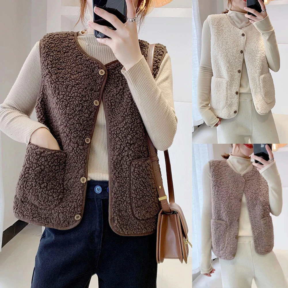 Lamb's Fleece Vests Jacket New Spring Autumn Winter Women Button Waistcoat Warm Fleece Sleeveless Female Outwear Coat