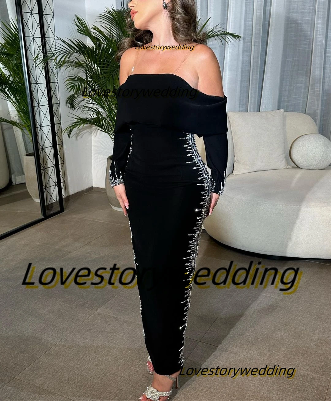 Lovestory Vestidos De Noche Strapless Long Sleeves Prom Dresses Beaded Mermaid Evening Party Ankle Length Trumpet Bride Gowns