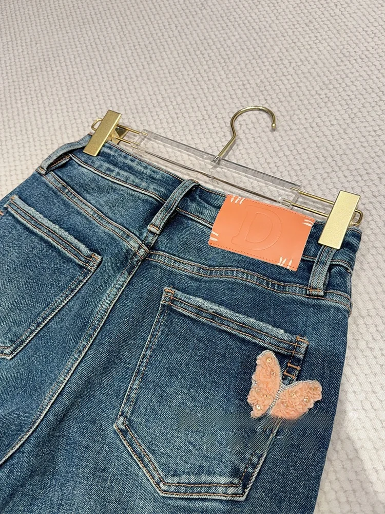 

Heavy Embellied Straight Leg Denim Jeans Women's Casual Cotton Embroidery Zipper Fly Versatile Seasonal Blue Jeans