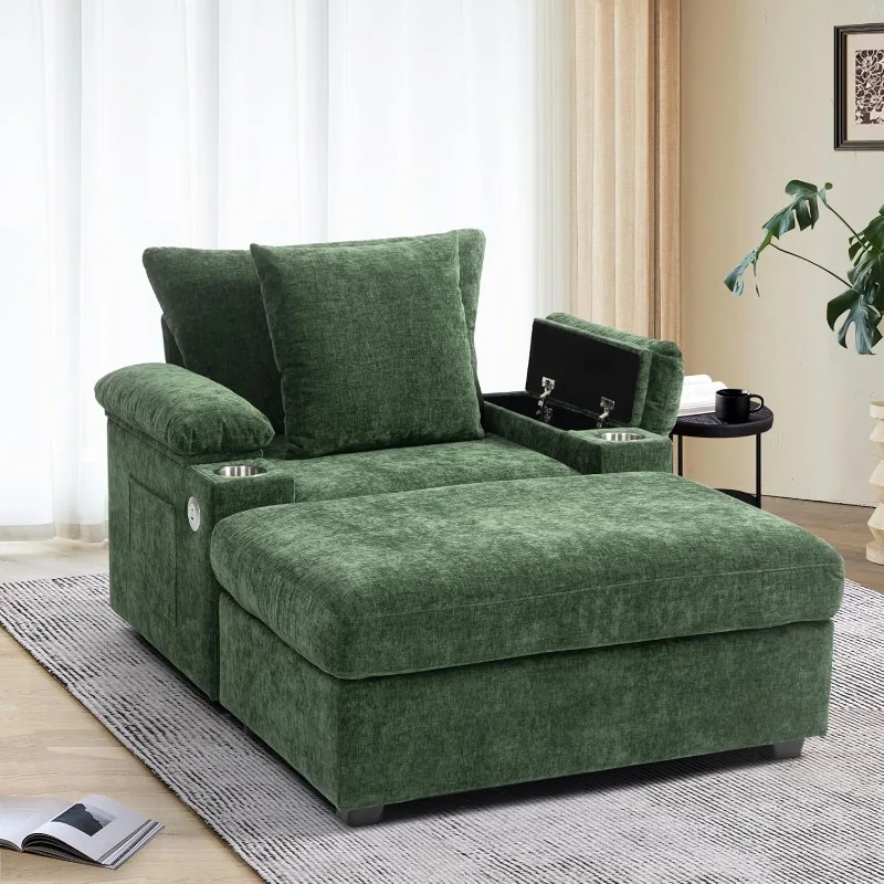 Lounge Chair with Ottoman, Chenille Fabric Sofa Bed, Chair with Cupholders & USB Charging Ports for Living Room，Deck Chair