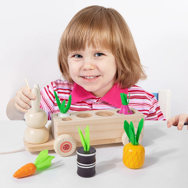 لعبة أرنب خشبية قابلة للسحب مع خضروات وفواكه ملونة، إدخال وسحب للعب - ستكون نباتًا تعلمًا للأطفال