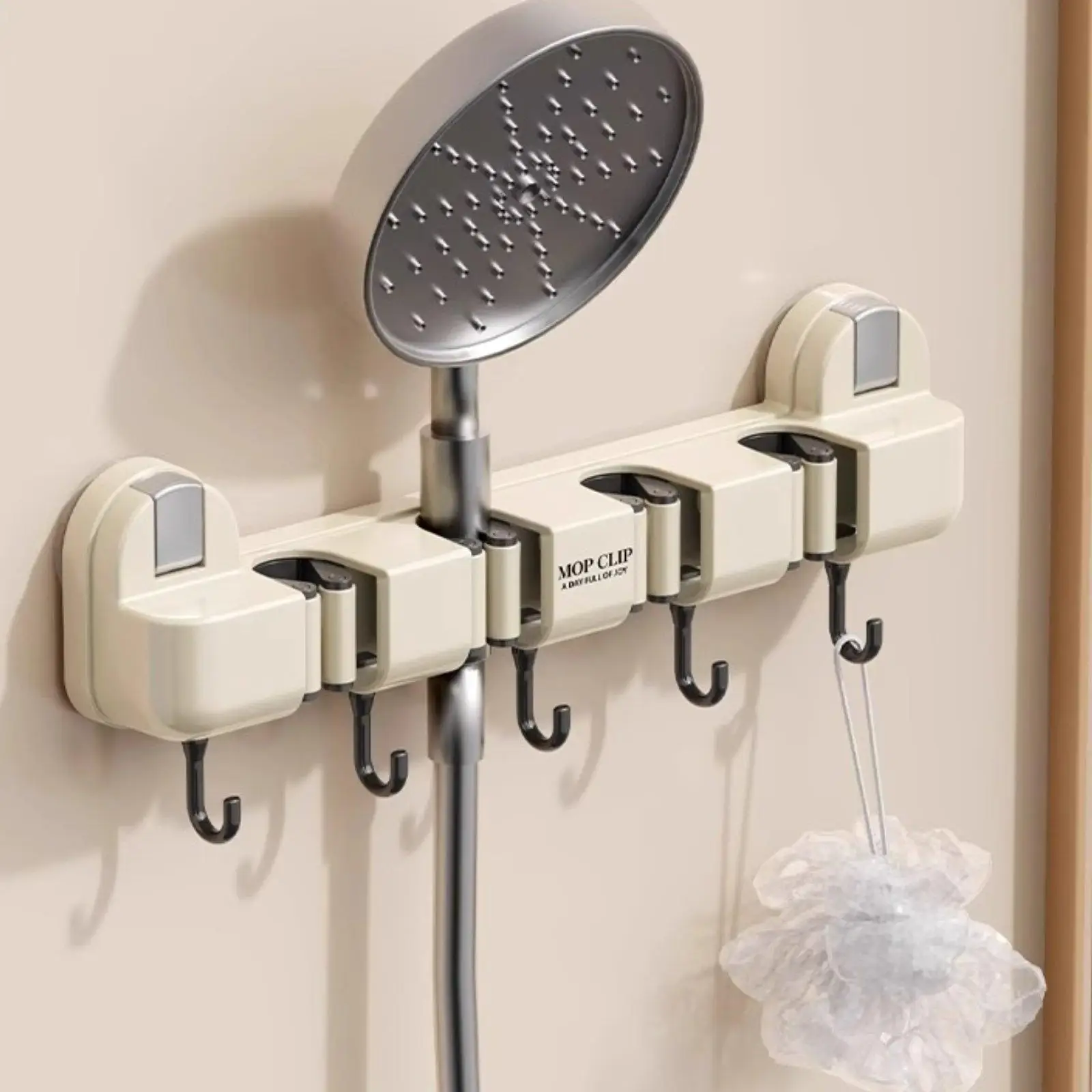Wall Mount Broom Holder Household Cleaning Rack with Hooks Organizer for Washroom Kitchen Garage