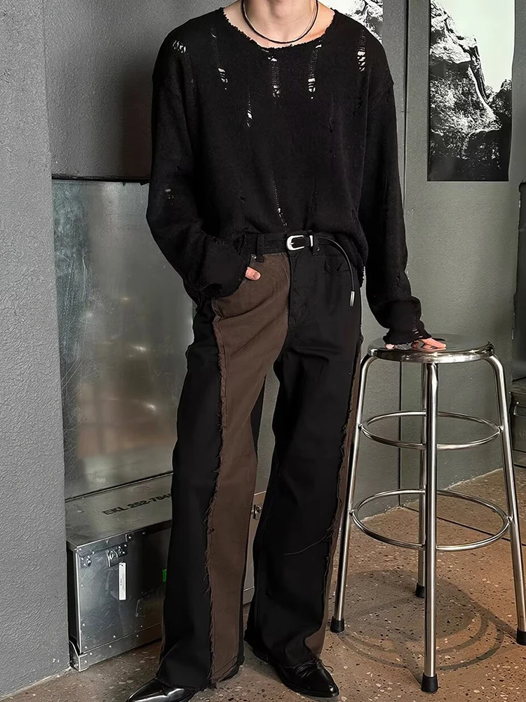 2025 가을 트렌디 남성 니트 티셔츠 빈티지 솔리드 컬러 찢어진 디자인 니트 티셔츠 남성 야외 캐주얼 긴팔 상의