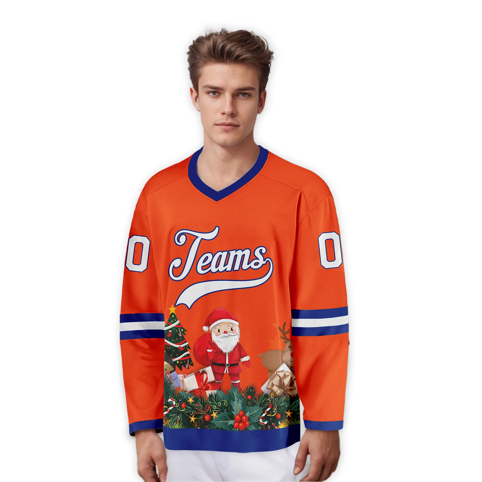 Orange Custom Christmas Hockey Jersey Print Team Name Number Santa Printed Hockey Shirt for Men Women Youth Kids Xmas Gifts