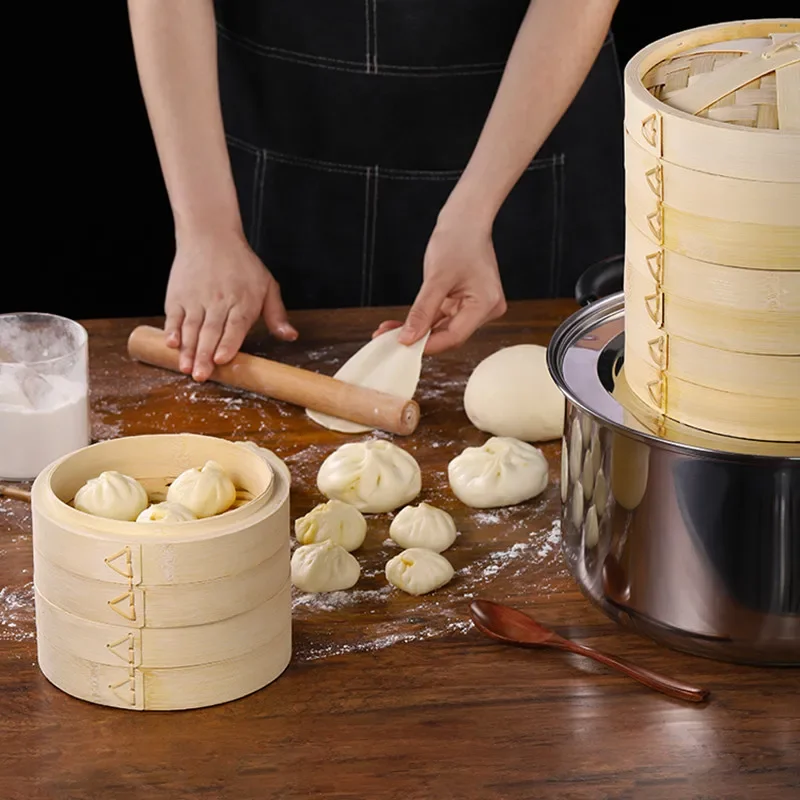 10-30cm Bamboo Steamer with Cover Multilayer Bamboo Dumplings Snack Basket Set Kitchen Cooking Tools Stuffed Steamed Bun Deepen