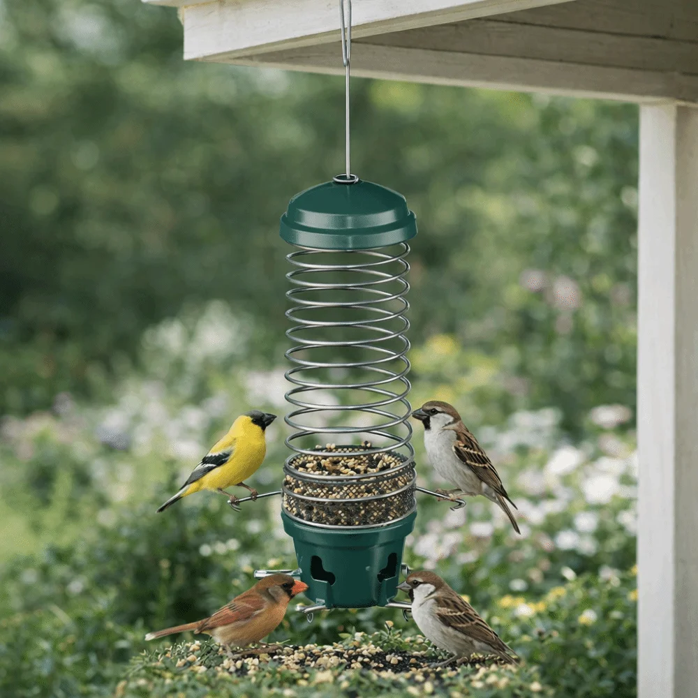 

Squirrel Proof Spiral Coil Bird Feeder Bite Resistant Heavy Duty Wild Bird Feeder Metal Birds Food Catcher Birdwatching