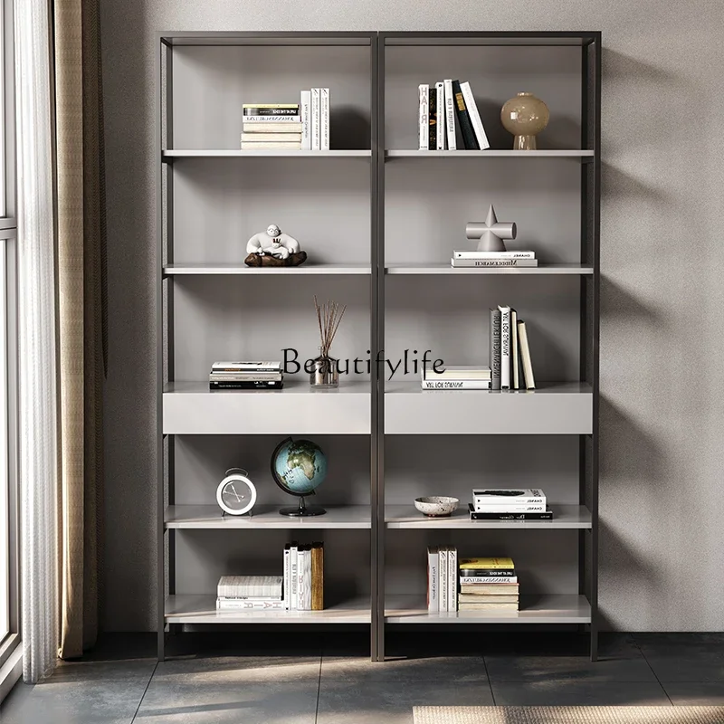 Italian minimalist bookshelf study simple multi-layer carbon steel shelf modern storage compartment