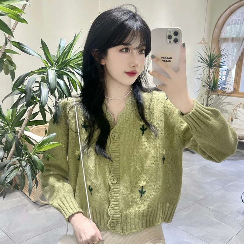 OCEANLOVE Short Cardigans Sweet Embroidered Floral Japan Style Women Sweaters Kawaii V Neck Green Autumn Winter Chaquetas