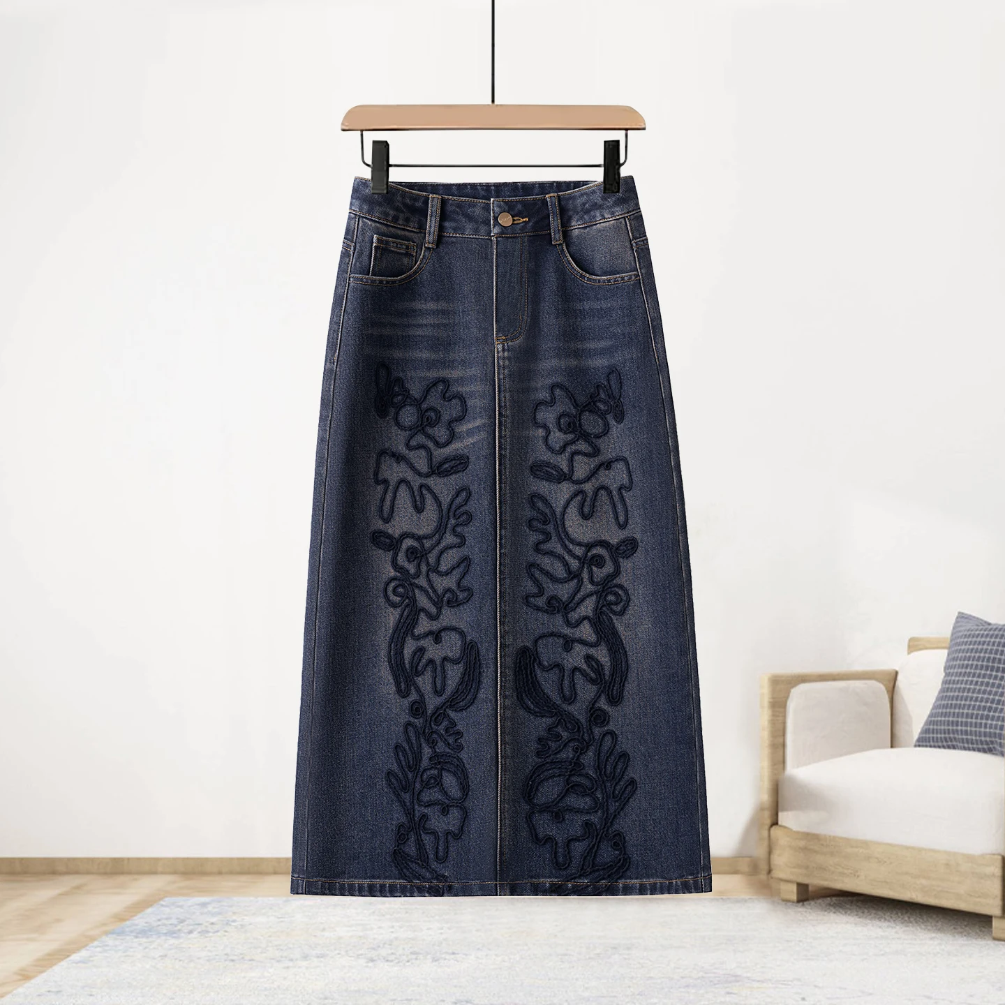 Jupe en jean brodée rétro, taille haute, mi-longue, coupe droite, pour femmes, nouvelle collection printemps automne, mélange de coton décontracté