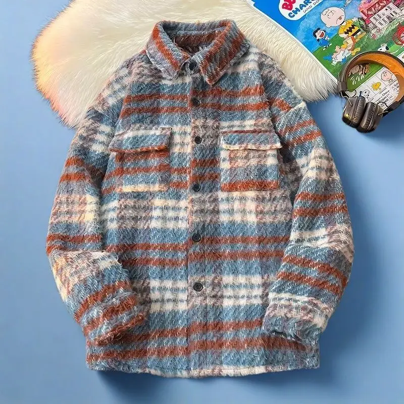 

Men's Lazy Sle Korean Trendy Loose Plaid Woolen Jaet Top Spring Autumn Salt System Outerwear Stand Fit Long Sve Coat