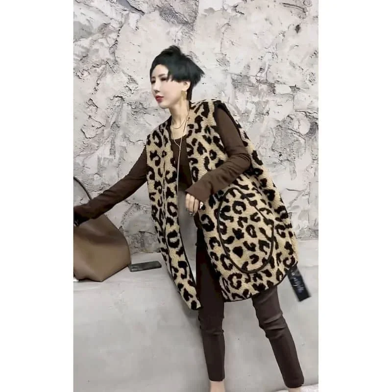 Fleece Waistcoats for Women Mid Length Style Vests Leopard Casual Sleeveless Cardigans Oversized Winter Jackets Loose Women Tops