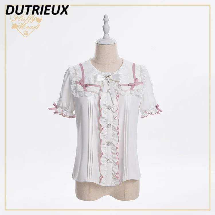 여름 새 일본 달콤한 소녀 블라우스 레이스 네이비 칼라 반팔 셔츠 다목적 싱글 브레스트 슬림 피팅 귀여운 탑