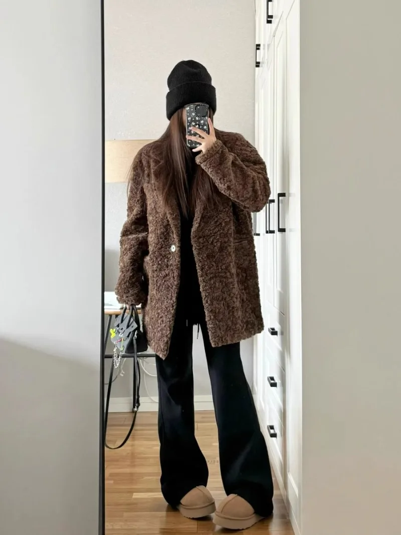 MiiiiX Retro Brown Fleece Coat Furry Lapel Suit Jacket Loose Thicken Mid-length Plush Casual Outerwear Autumn Women's Clothes