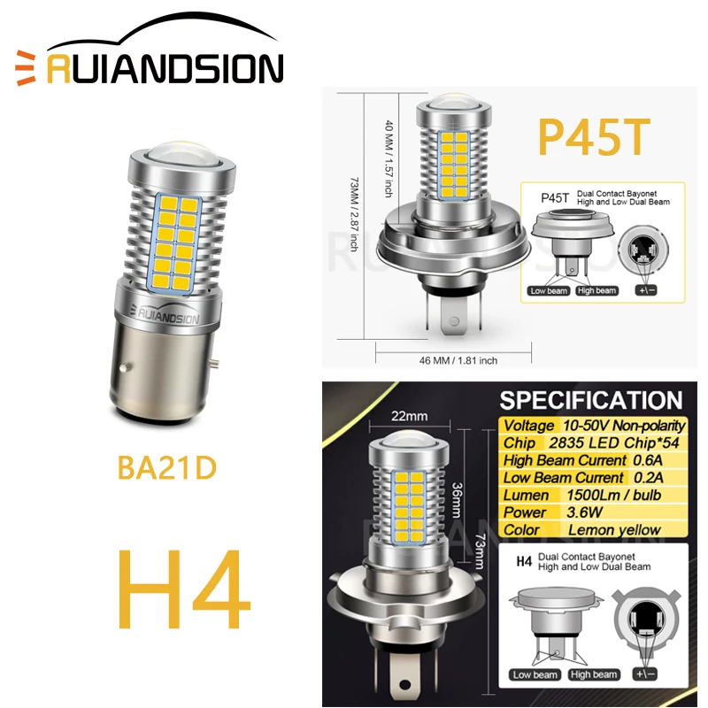 

Ruiandsion P45T H4BA20D10V-50V BA21D Motorcycle Lamp Headlight Bixenon Beam 2835 54SMD LED Electric Scooter Accessories ATV Bulb