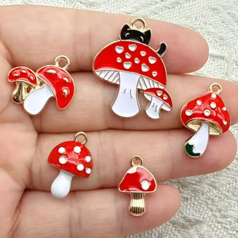 10pcs Red Mushroom Locket Alloy Enamel Charms Cute Vegetable Food Pendant For Bracelet Earring DIY Jewelry Make