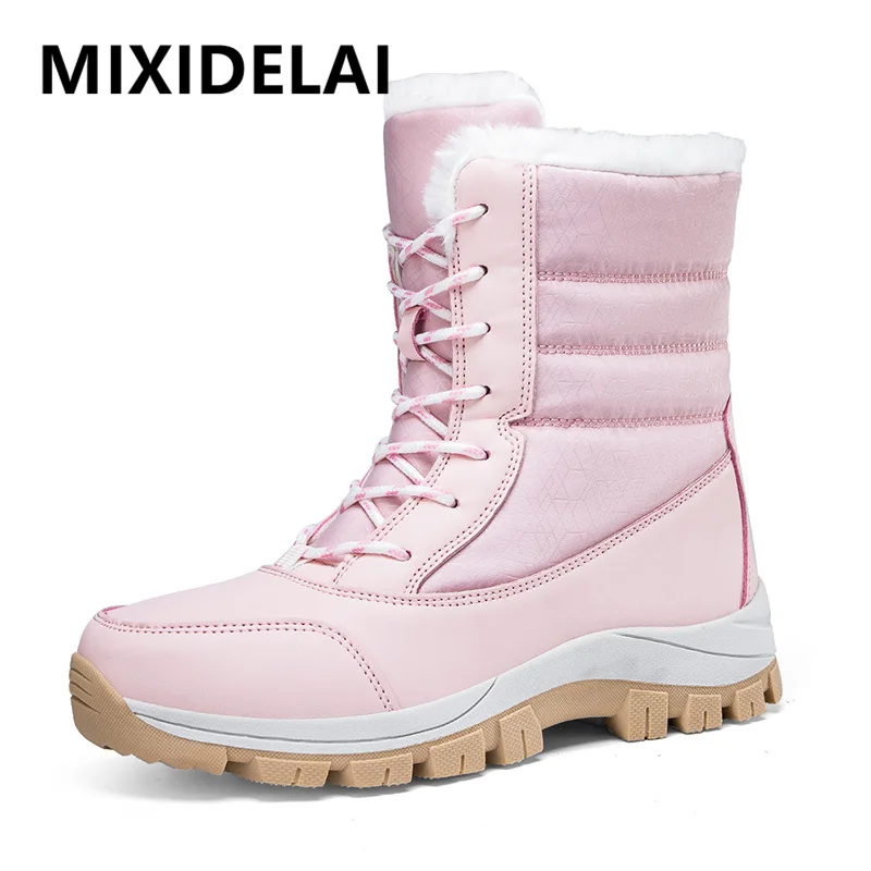 New Winter Women Boots Warm Plush Mid-Calf Women\'s Snow Boots Lace-up Outdoor Waterproof Hiking Boots Chaussures Femme Size 42