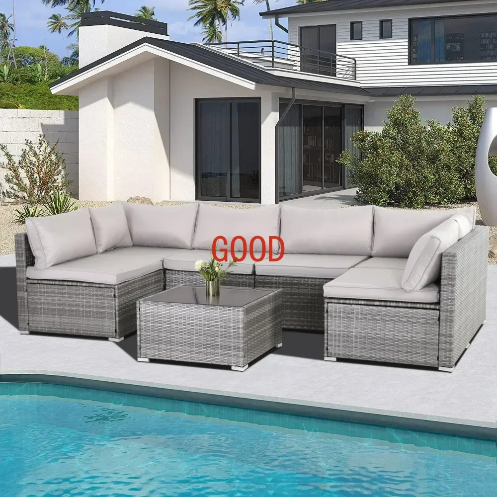 

7 Pieces Patio Furniture Set, Modular Patio Set Wicker Outdoor Sectional Sofa Set PE Rattan Wicker Patio Conversation Set