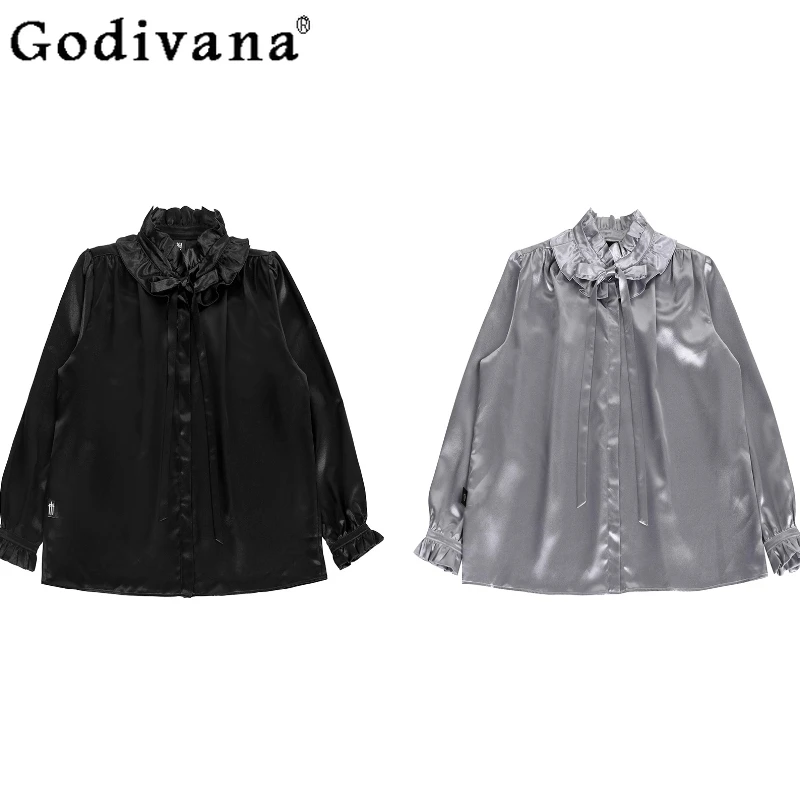 

Elegant Lace Sweet Ruffles Lace-up Temperament Satin Long Sleeve Shirt Autumn New Loose Versatile Fashion Loose Women's Top