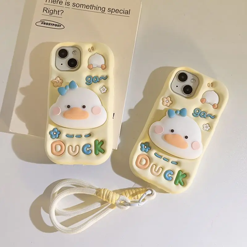 

Phone Case For iPhone 15 14 13 12 11 Pro Max New Korean INS Funny Cartoon Soft Protective Cover With Duck Holder Lanyard