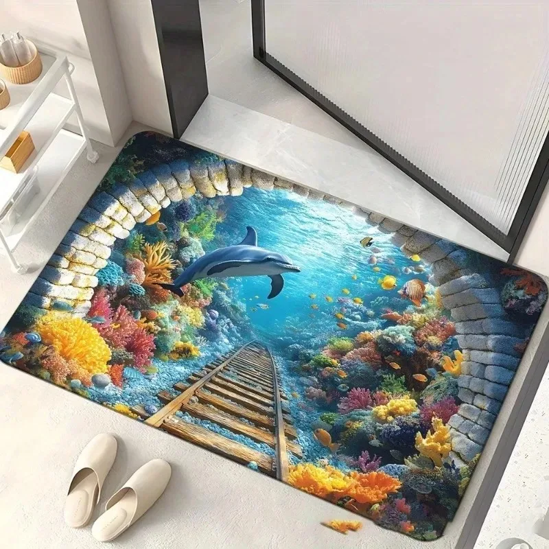 Vibrant Fantasy Seabed Dolphin Coral Reef Patchwork Realistic Undersea Scene Print Long Runner Rug Hallway Entry Area Rug