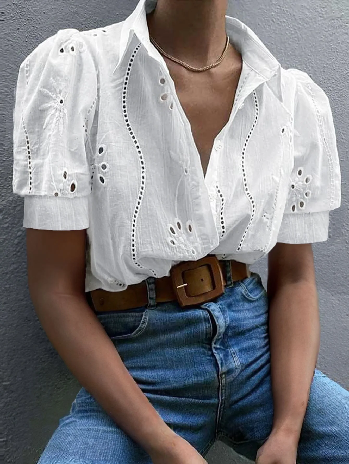 

New Hollowed Out Short Sleeved Women's Shirt