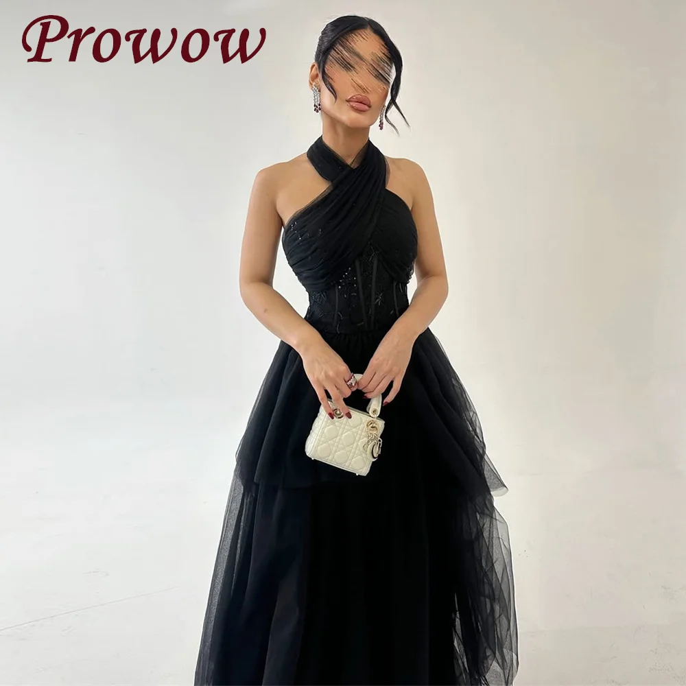 

Prowow Elegant Halter A Line Prom Dress Pleat Tulle Beading Wedding Party Gown Customized Asymmetrical Hem Arabic Evening Gown