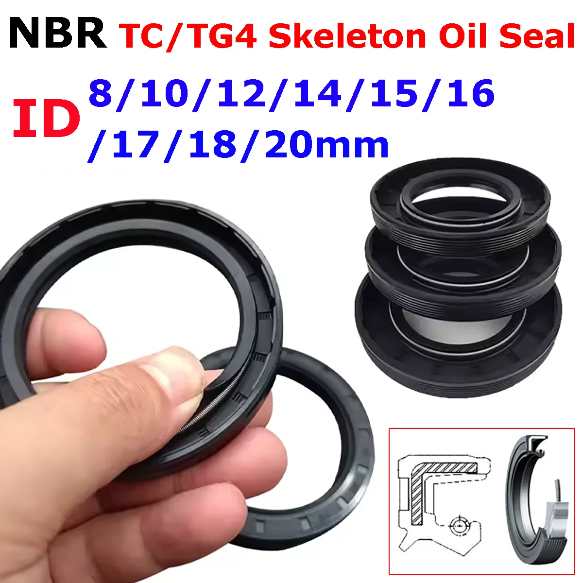 Image of NBR TC/FB/TG4 Öldichtung ID 8/10/12/14/15/16/17/18/20mm Nitrilkautschuk mit Metallskelett Doppellippige Wellendichtung Dichtungsring