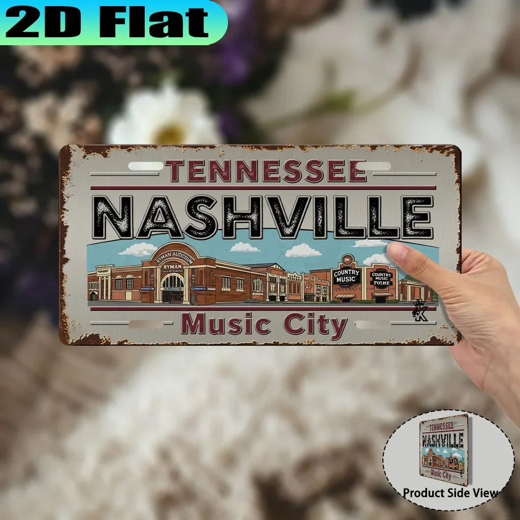 2D Flat 1pc Retro Aluminum License Plate Nashville Music City, Retro Urban Style, Suitable for Study and Living Room Wall Dec