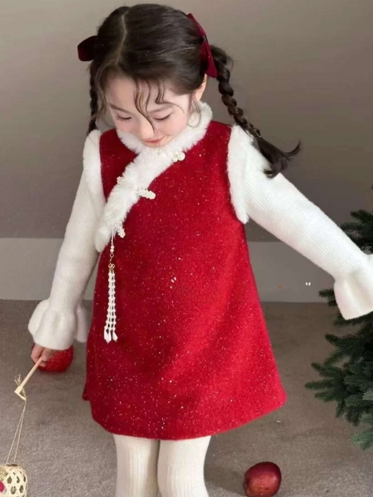

Girls Fce Lined Vest Dr 2025 Winter Sle Baby Girl Buttoned Traditional Chinese Sle Red New Year Outfit Tr...