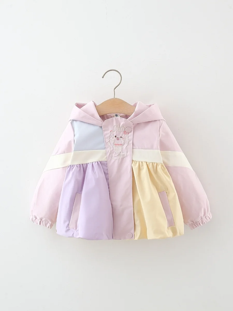 

Girls' spring and autumn jacket color block hooded windbreaker children's spring wear