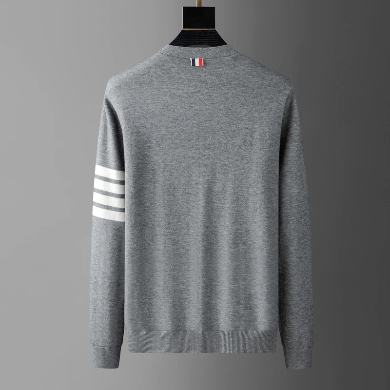 High end brand knitted cardigan men\'s spring and autumn new classic stripe trend Korean casual side slit V-neck sweater coat