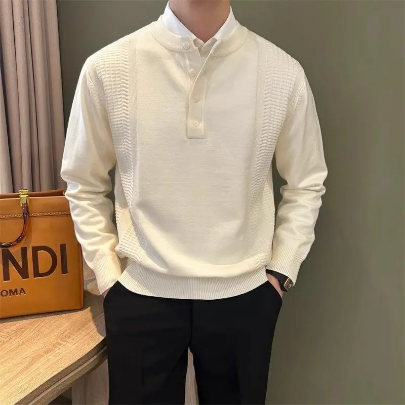 Autumn Winter Henley Collar Button Sweater Men's Casual Long Sleeve Knitted  Pullover Tops Office Gentleman Jacquard Base Jumper