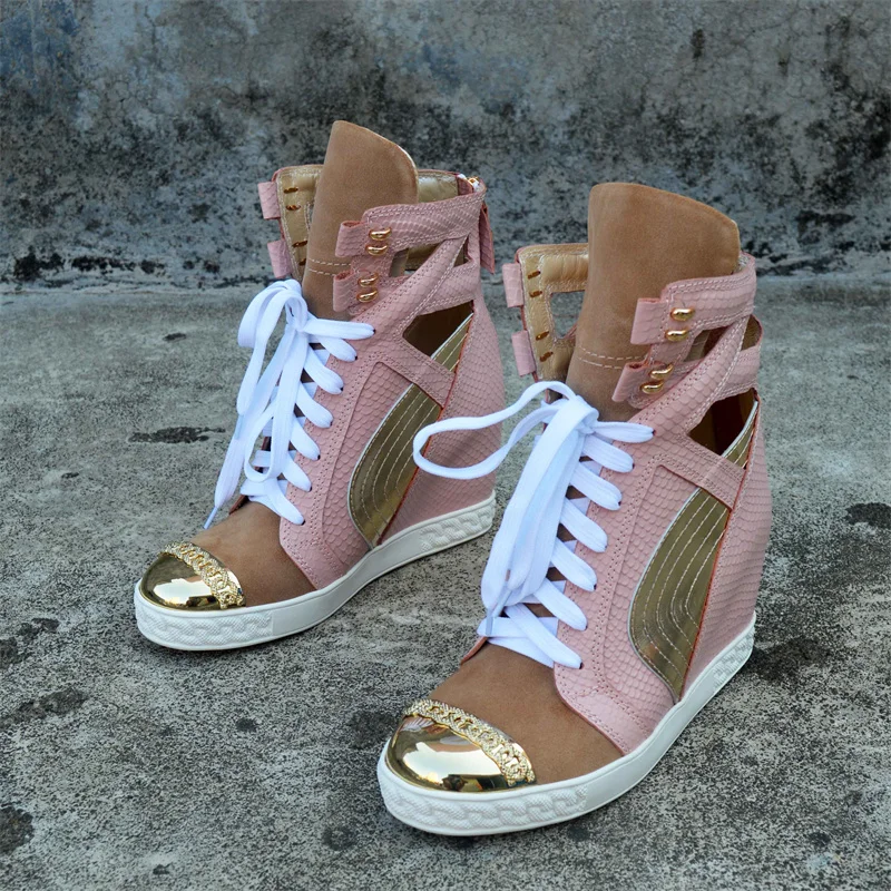 New Height Increasing Women Wedges Heel Mixed Colors High Top Female Chain Flats Shoes Top Quality
