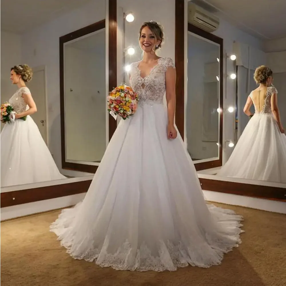 Customized Gorgerous See Through Lace SequinsWedding Dresses Sweep Train Cap Sleeves Illsion Buttons Back A-Line Bridal Gowns