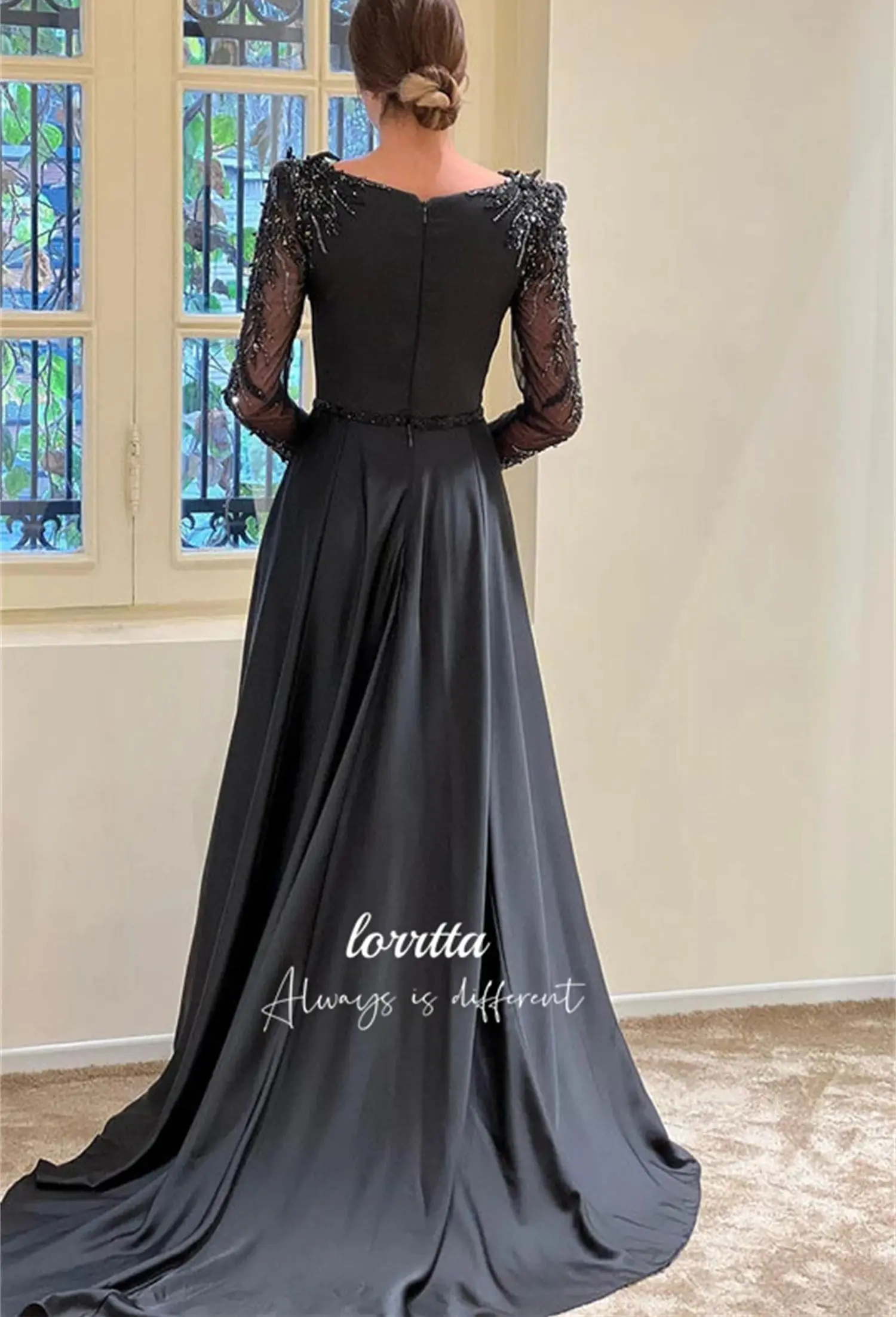 Luxuoso vestido de noite cetim preto elegante grânulo bordado decoração vestidos internacionais com mangas compridas formal personalizado