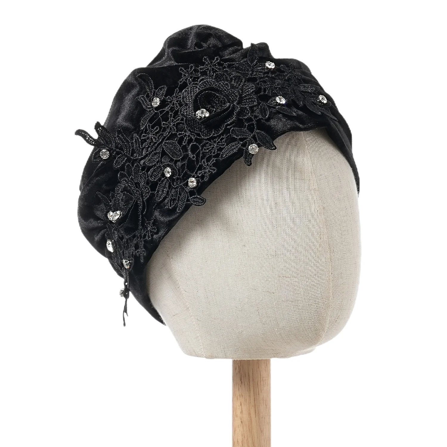 Blumenstickerei-Turban-Mütze für Damen, modische Kopfbedeckung, Samt-Moschehausschlag, Bonnet, Turbante Mujer – Detail 6
