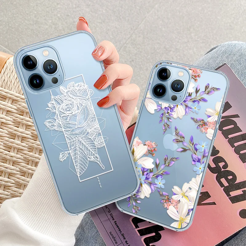 Phone Cases for iPhone 15 Ultra 14 13 Pro Max Mini XR XSMax 7 8 Plus SE Clear Soft TPU Cover for iPhone 12 11 Flower Capinha