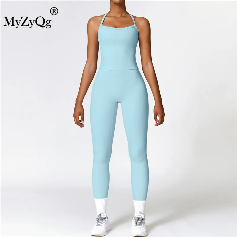 MyZyQg Women's Yoga Sets Sportswear Frosted Back Yoga Tank Vest Pant Quick Dry Fitness Top Wearing Running Sports Suit