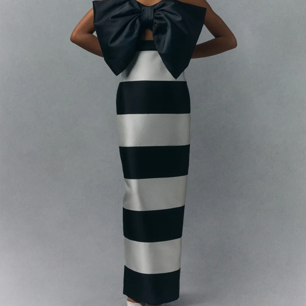 モダンなストラップレスボウノースリーブコントラストカラーストレートフォーマルイブニングドレス誕生日パーティープロムドレスカスタマイズ