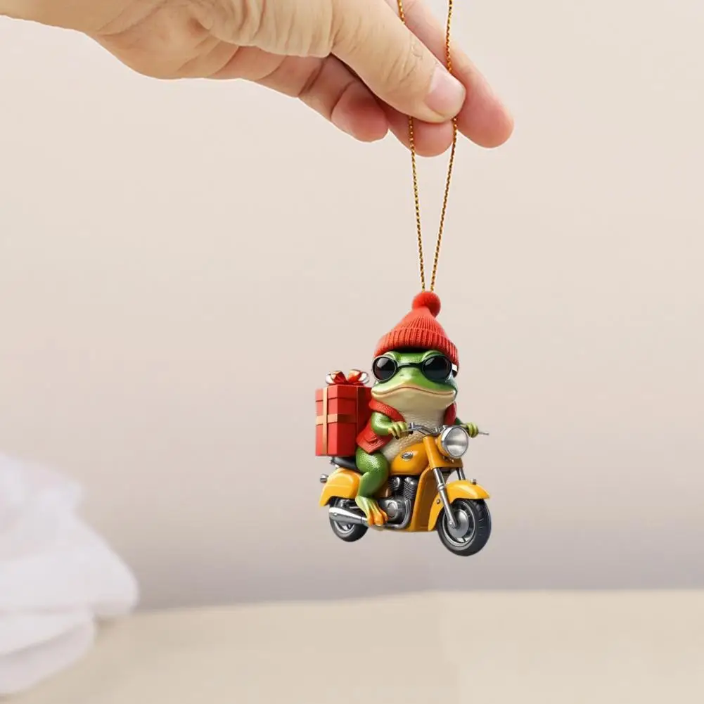 Christmas Frog Ornament Cartoon Frog Riding Motorcycle with Santa Hat Acrylic Necklace Pendant Festive Christmas Ornament Gifts