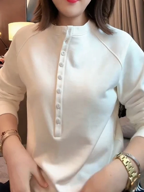 

Elegant White Semi-Unbuttoned Hoodie Women's Spring New plus Size Fat MM Belly Covering Slimming Fashionable Top