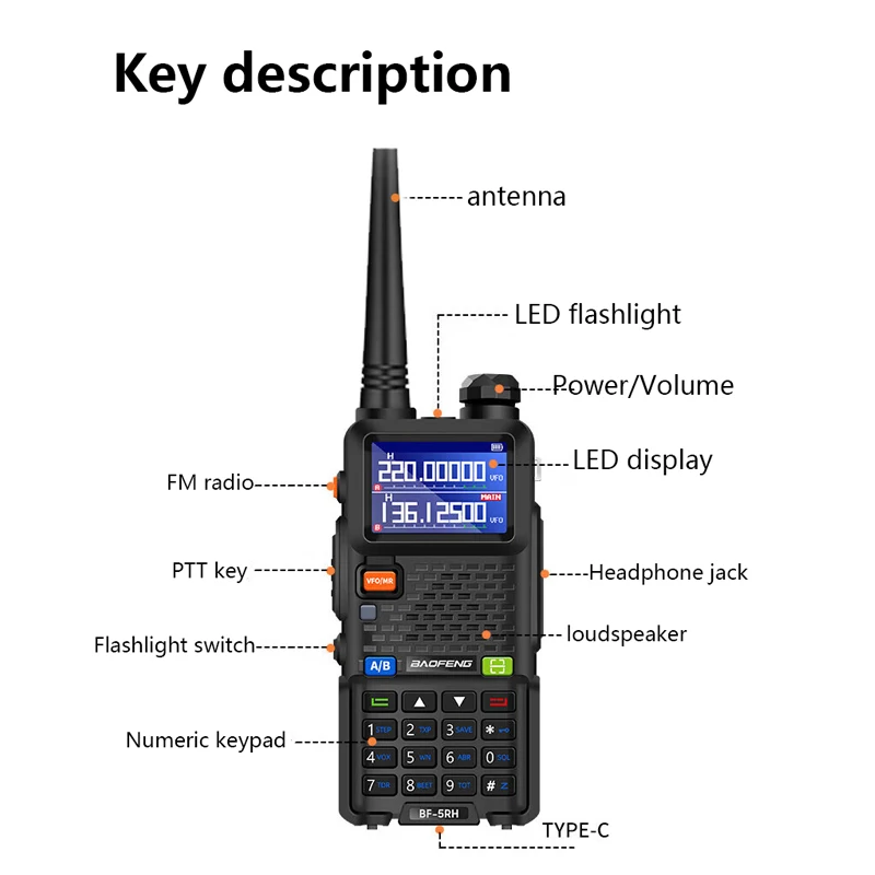 Baofeng-walkie-talkie de banda completa UV 5RH, frecuencia de copia inalámbrica, cargador tipo C, transceptor mejorado UV 5R, Radio bidireccional Ham, 10W