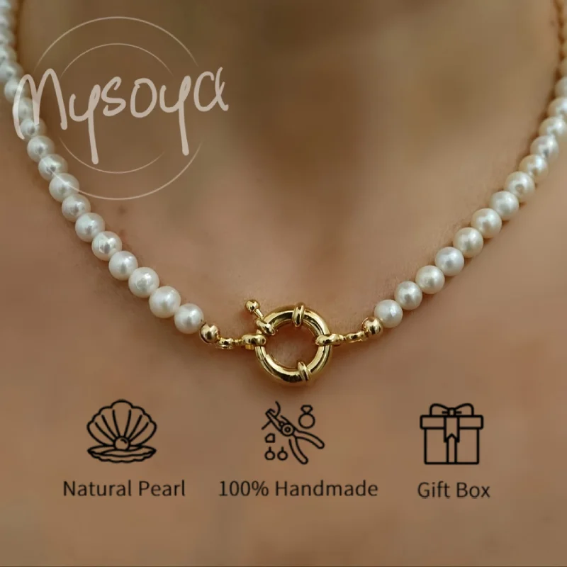 

MYSOYA 5-6mm White Freshwater Pearl Necklace Golden Silvery Options Unisex Jewelry Perfect Gift For Wedding Birthday Christmas