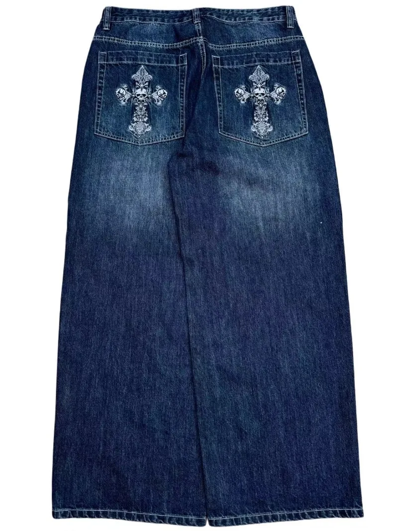 European and American vintage wash do old jeans men Y2k street fashion pocket cross embroidery wide leg pants Punk trend pants