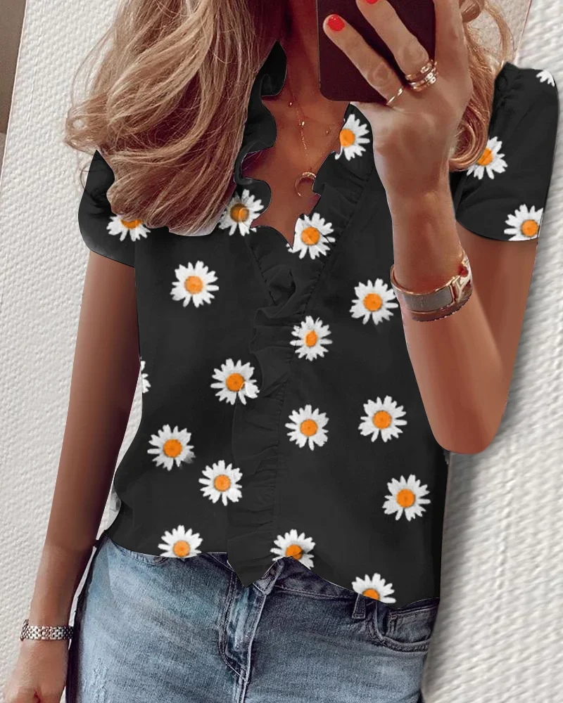 Casual Floral Print Short Sleeve V-Neck Ruffles Blouses Elegant Office Ladies Shirt Summer Slim Tops Female Boho Shirts Tops