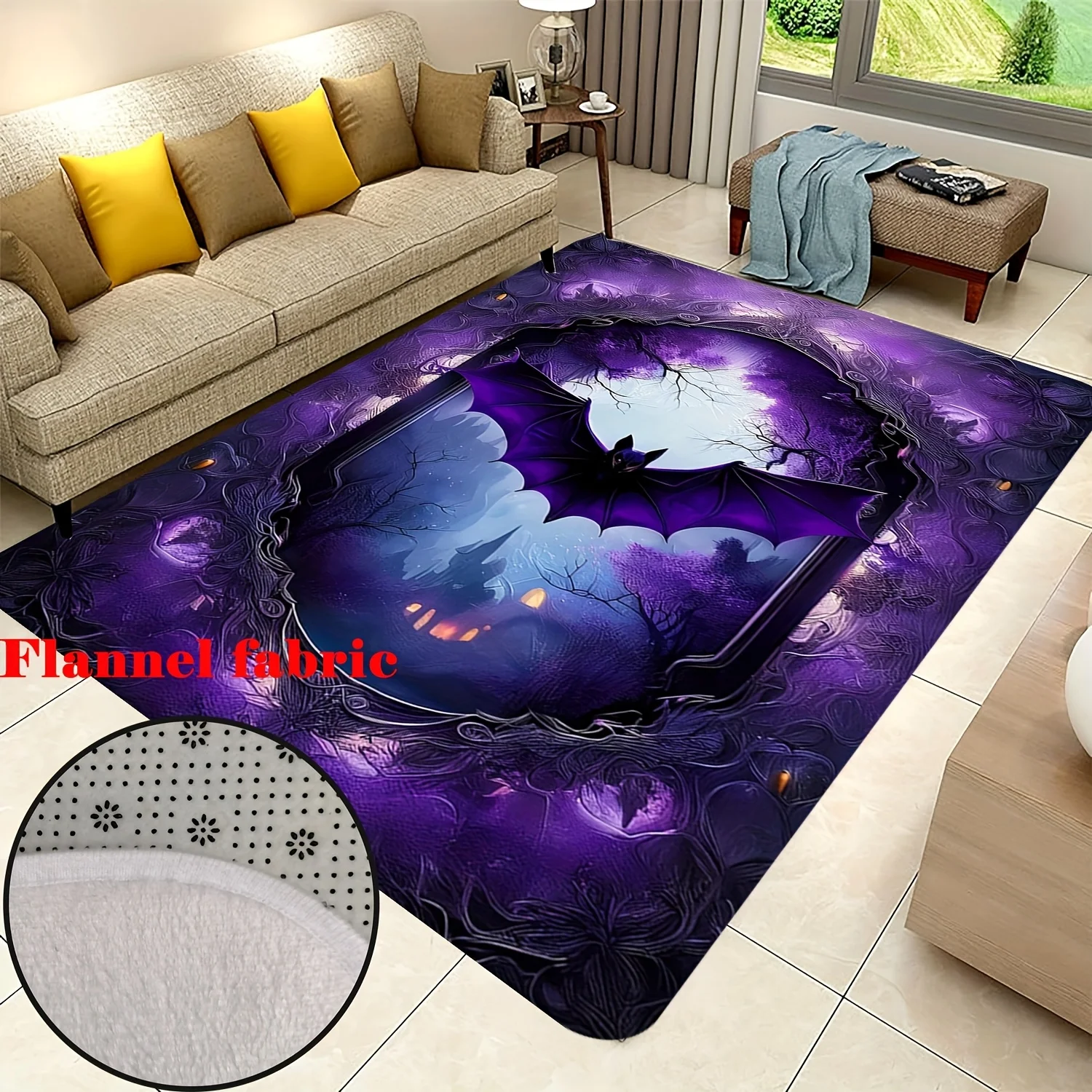 1pc Mystical Purple‑Night Bat‑Moon Gothic Print Area Rug, Non‑Slip Hand‑Washable Floor Mat for Bedroom, Living Room, Office
